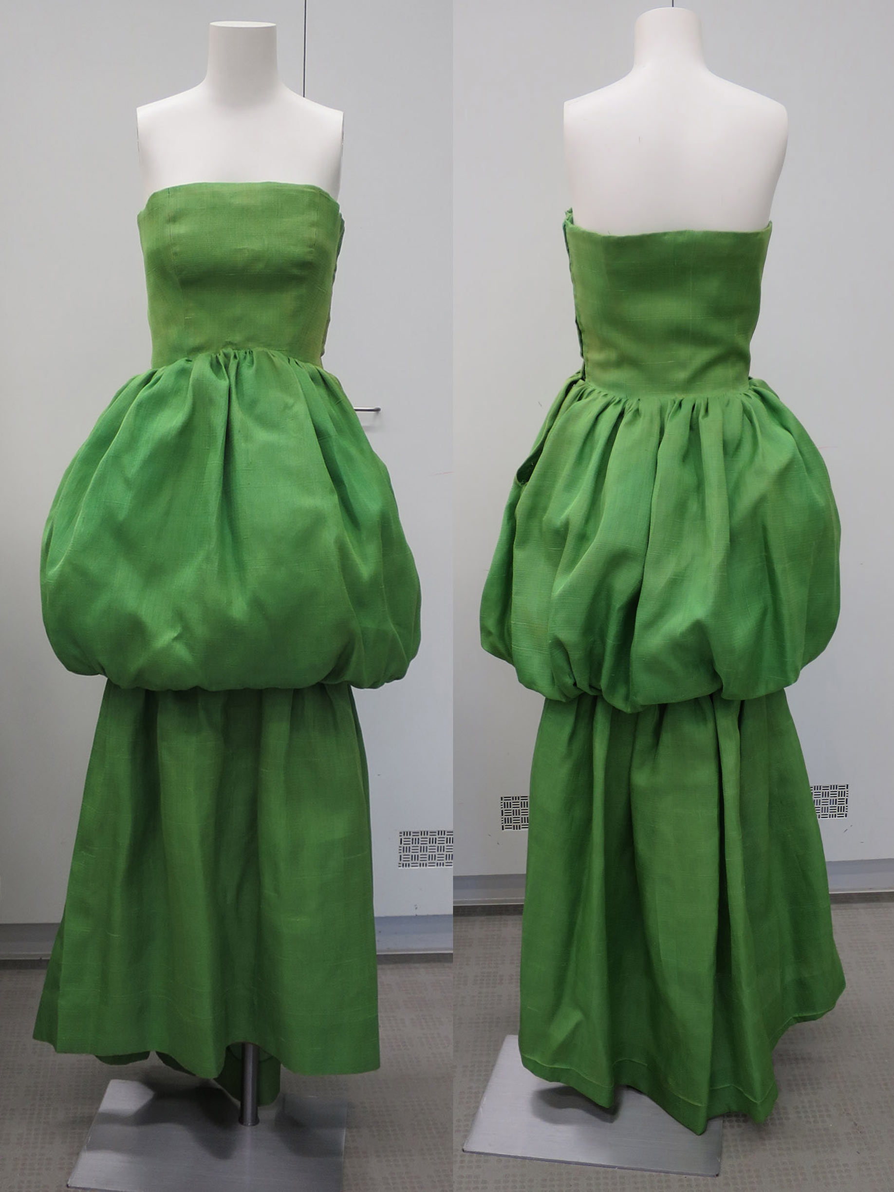 Chicago History Museum Images - Strapless green silk gazar evening dress  with cape by Cristóbal Balenciaga